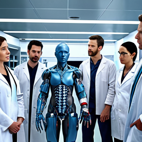 Home 11 A futuristic medical lab showcasing advanced prosthetics with sensory feedback technology, with a diverse team of doctors and engineers collaborating.