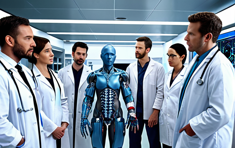 A futuristic medical lab showcasing advanced prosthetics with sensory feedback technology, with a diverse team of doctors and engineers collaborating.