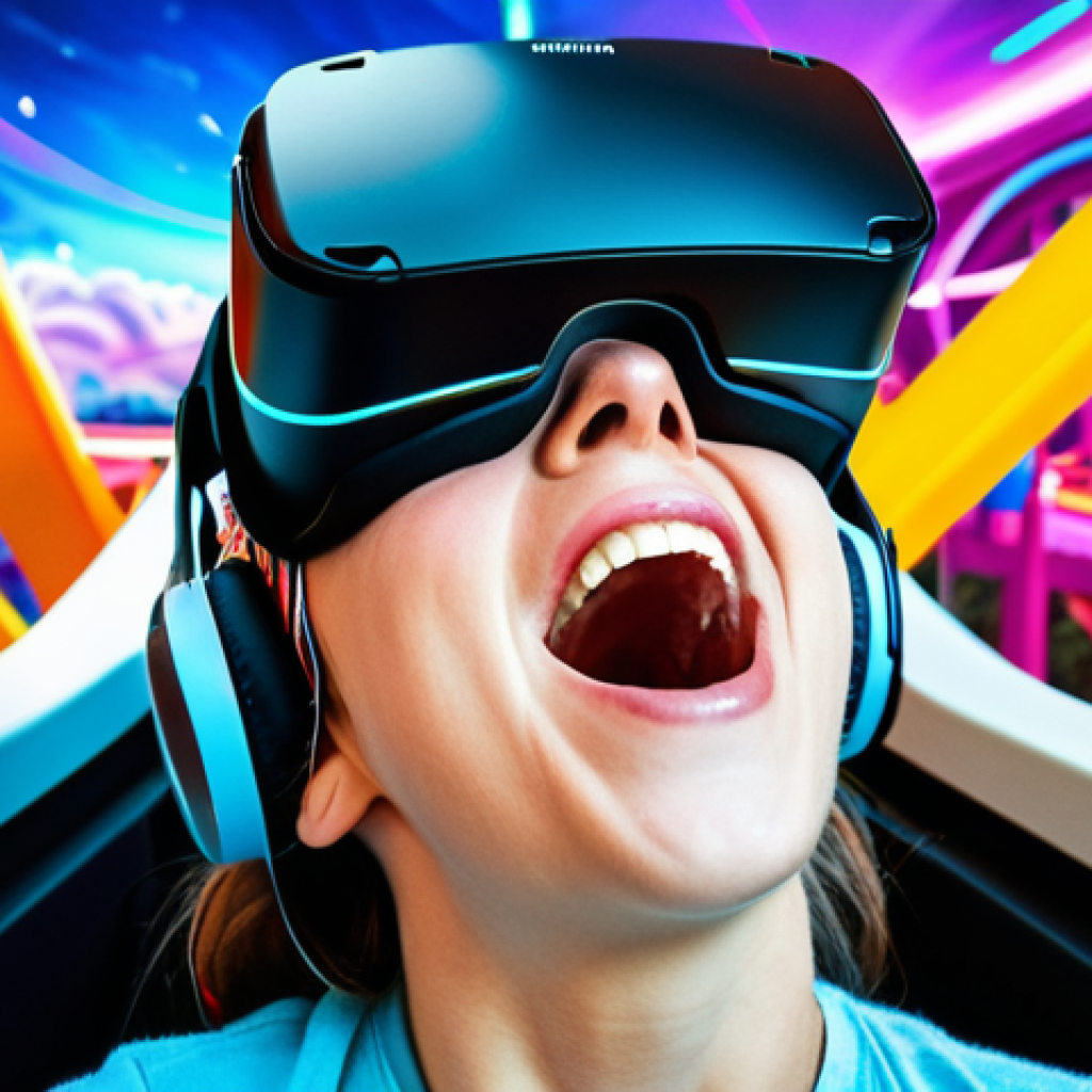**
Prompt: VR headset user experiencing a rollercoaster, sense of weightlessness, bright vibrant colors, futuristic interface elements, living room background slightly blurred, emphasis on facial expression of amazement and joy.
**