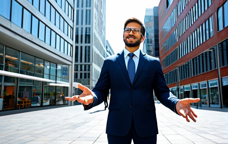 A professional adult in a modest business suit, standing in a modern, brightly lit urban plaza. Subtle, glowing augmented reality visual overlays are integrated into their surroundings, indicating enhanced perception. The person's expression is focused and engaged, demonstrating seamless interaction with the digital layer. Perfect anatomy, correct proportions, natural pose, well-formed hands, proper finger count, natural body proportions, fully clothed, appropriate attire, safe for work, appropriate content, professional, family-friendly, high quality photography.
