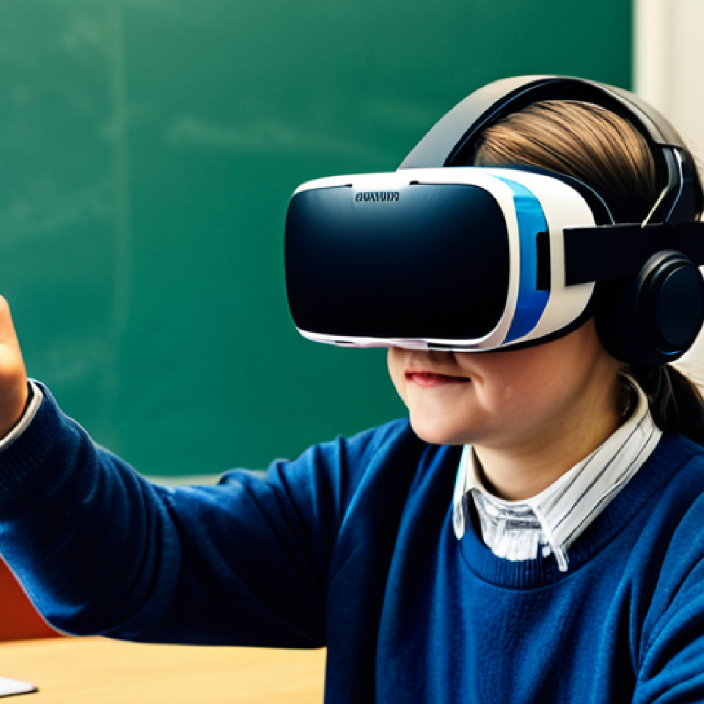 감각확장 기술을 활용한 이벤트 기획 사례 - **Prompt:** "A student wearing a VR headset, fully immersed in a virtual classroom, surrounded by in...