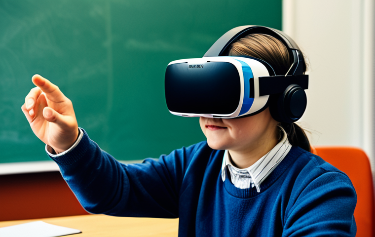 감각확장 기술을 활용한 이벤트 기획 사례 - **Prompt:** "A student wearing a VR headset, fully immersed in a virtual classroom, surrounded by in...