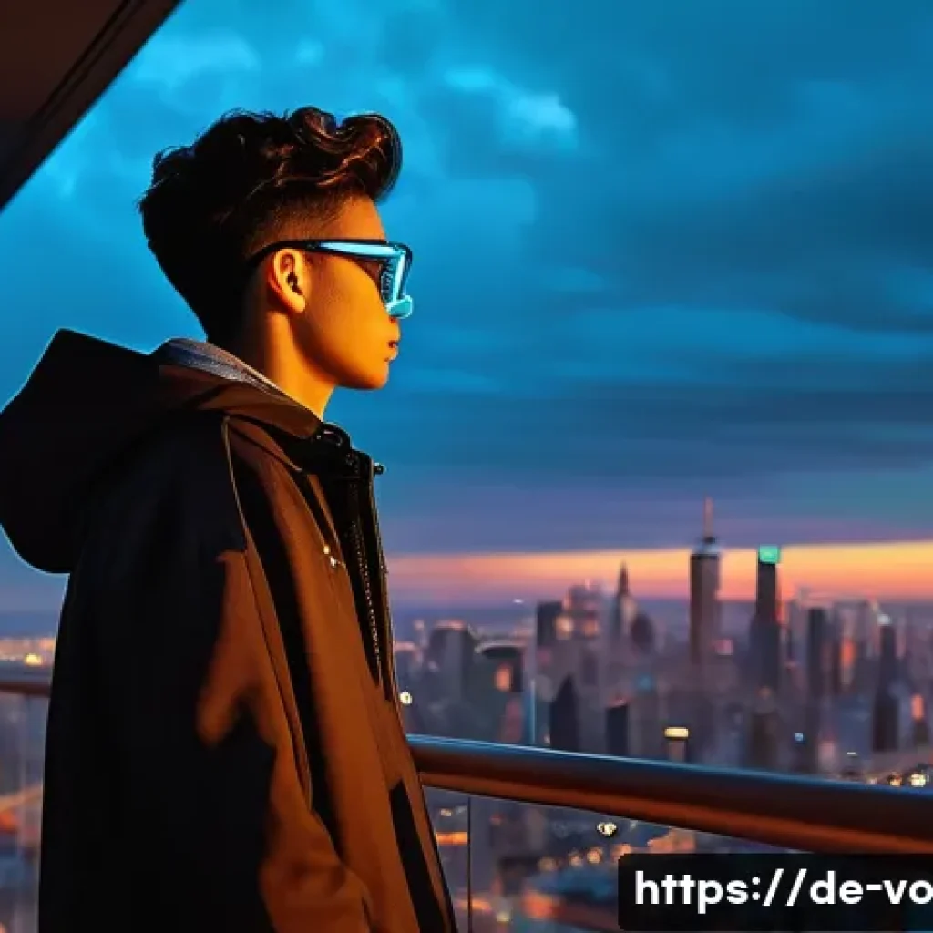 감각확장 기술과 사회적 상호작용의 변화 - **Prompt:** A vibrant, futuristic cityscape at sunset. A young person, around 18 years old, stands o...