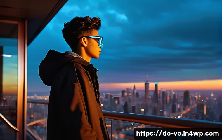 감각확장 기술과 사회적 상호작용의 변화 - **Prompt:** A vibrant, futuristic cityscape at sunset. A young person, around 18 years old, stands o...
