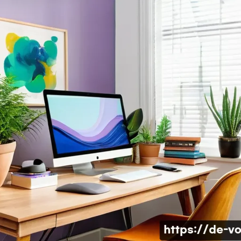 감각확장 기술을 통한 창의성 향상 방법 - A cozy modern home office bathed in natural light, featuring a wooden desk with a vibrant green pott...