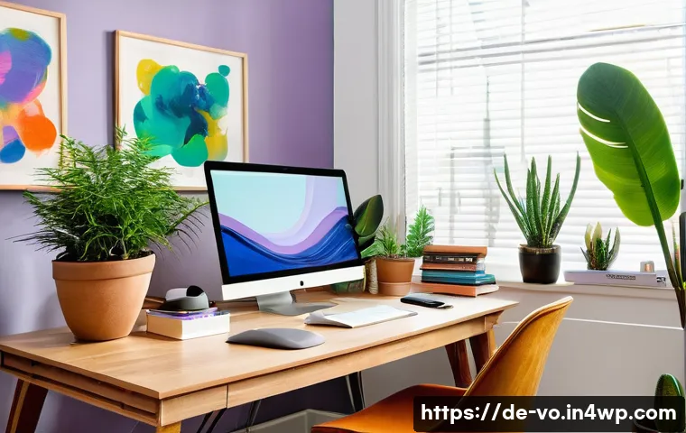 감각확장 기술을 통한 창의성 향상 방법 - A cozy modern home office bathed in natural light, featuring a wooden desk with a vibrant green pott...