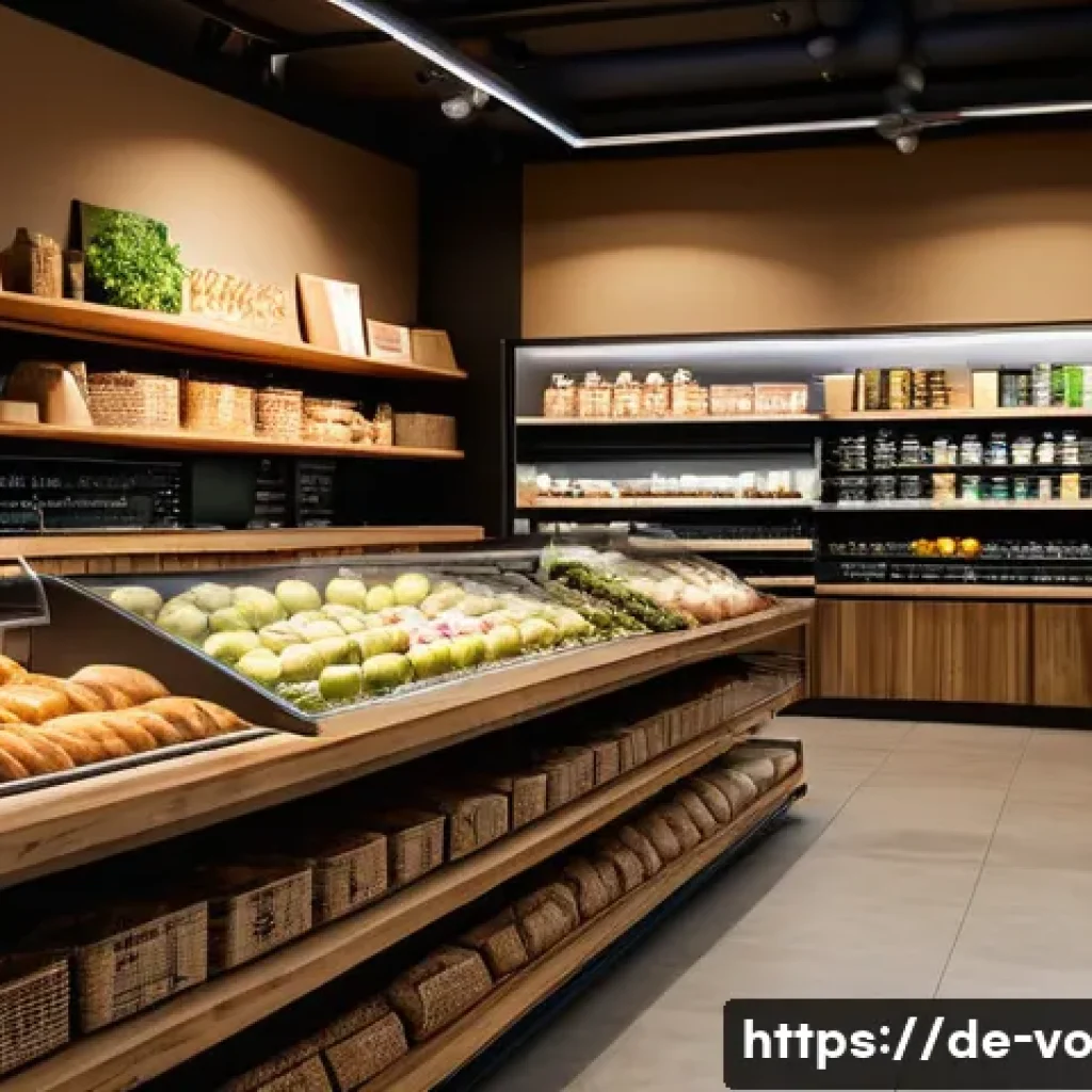 감각확장 기술의 체험 마케팅 활용 사례 - A modern organic grocery store interior in Germany featuring warm, ambient lighting and soft natural...