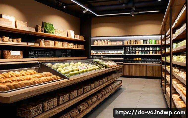감각확장 기술의 체험 마케팅 활용 사례 - A modern organic grocery store interior in Germany featuring warm, ambient lighting and soft natural...