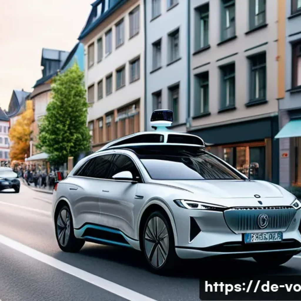 감각확장 기술의 산업별 적용 현황 - A futuristic autonomous car navigating a busy urban street in Germany, equipped with advanced Lidar,...
