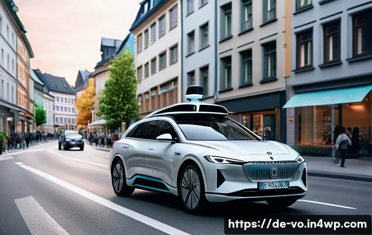 감각확장 기술의 산업별 적용 현황 - A futuristic autonomous car navigating a busy urban street in Germany, equipped with advanced Lidar,...