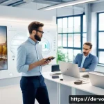 Home 21 감각확장 기술을 통한 정보 전달 방식 변화 - A modern German office environment featuring a diverse group of professionals using advanced wearabl...