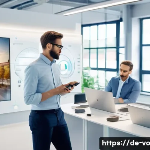 Home 33 감각확장 기술을 통한 정보 전달 방식 변화 - A modern German office environment featuring a diverse group of professionals using advanced wearabl...