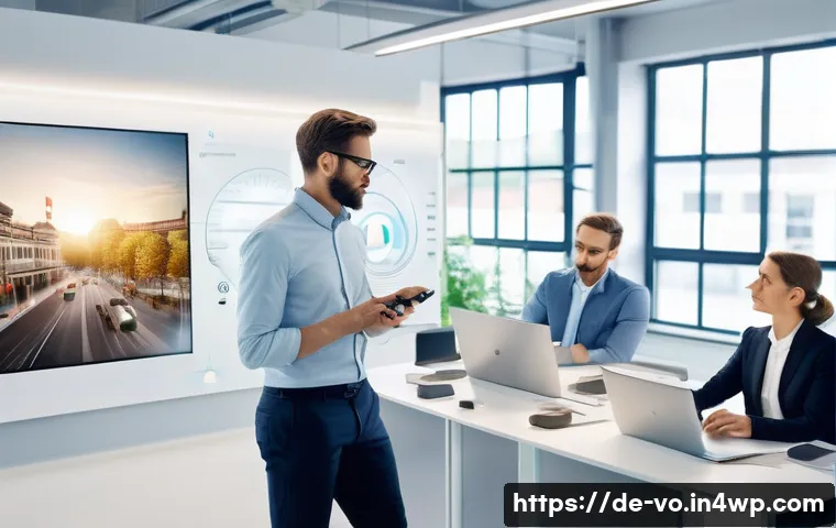 감각확장 기술을 통한 정보 전달 방식 변화 - A modern German office environment featuring a diverse group of professionals using advanced wearabl...