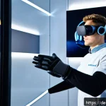 Home 20 가상현실 체험을 통한 감각확장 기술 이해하기 - A highly detailed scene inside a modern VR training lab in Germany, featuring a young adult wearing ...