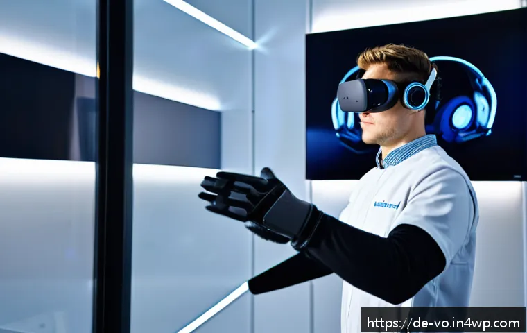 가상현실 체험을 통한 감각확장 기술 이해하기 - A highly detailed scene inside a modern VR training lab in Germany, featuring a young adult wearing ...
