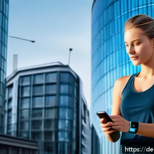 Home 31 감각확장 기술의 보안 문제 및 해결 방안 - A futuristic scene showing a young adult in a modern German city wearing a sleek smartwatch and fitn...