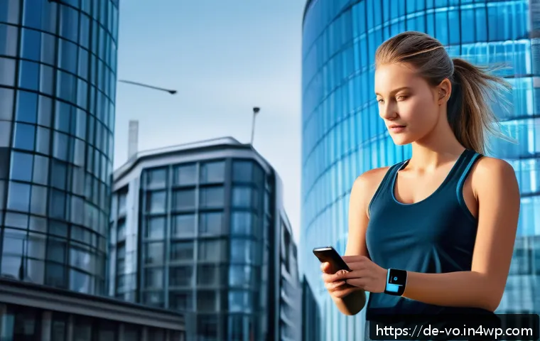 감각확장 기술의 보안 문제 및 해결 방안 - A futuristic scene showing a young adult in a modern German city wearing a sleek smartwatch and fitn...