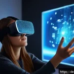 Home 23 소셜 미디어에서의 감각확장 기술 활용 방법 - A futuristic scene showing a young German woman using a virtual reality social media app in a cozy B...
