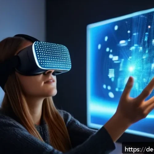 Home 17 소셜 미디어에서의 감각확장 기술 활용 방법 - A futuristic scene showing a young German woman using a virtual reality social media app in a cozy B...