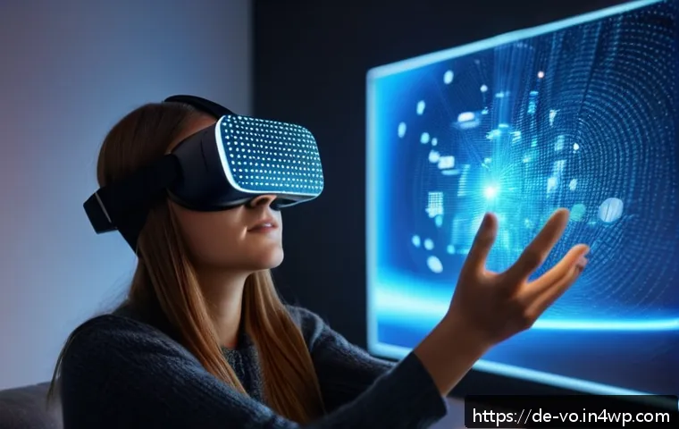 소셜 미디어에서의 감각확장 기술 활용 방법 - A futuristic scene showing a young German woman using a virtual reality social media app in a cozy B...
