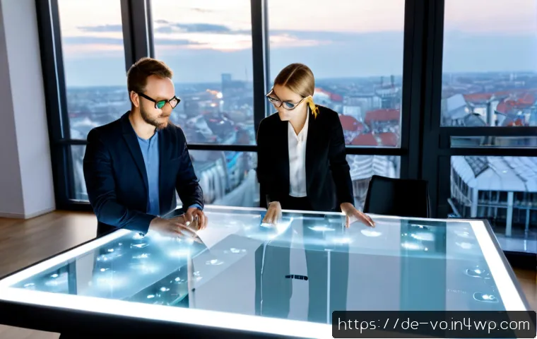 Home 30 감각확장 기술의 미래 예측과 전략 - Photorealistic future-focused technology strategy scene in a bright German innovation studio, divers...