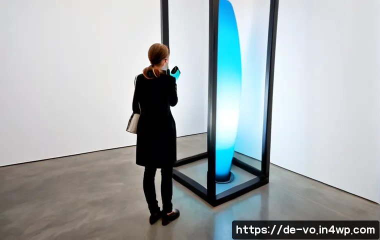 Home 17 예술 분야에서의 감각확장 기술 사례 - Photorealistic contemporary art gallery in Berlin, a visitor wearing a sleek non-branded haptic glov...